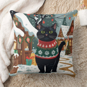 Coussin Chat Noir Noël Neige Fêtes