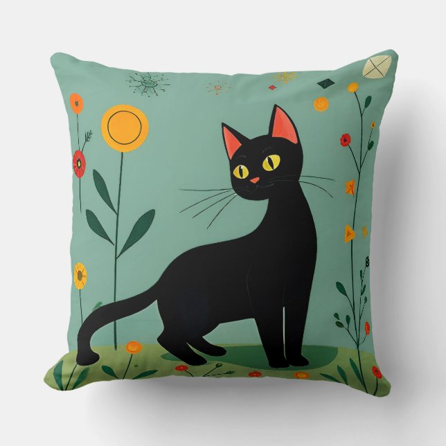 Coussin Chat noir parmi des fleurs vibrantes (Recto)