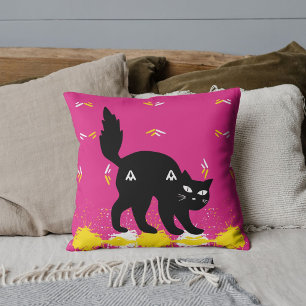 Coussin Chat noir personnalisé motif blanc jaune rose