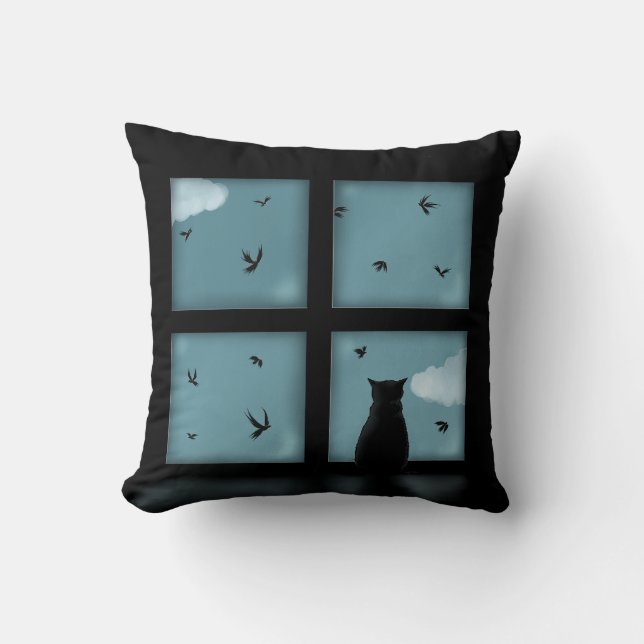 Coussin Chat noir regardant la fenêtre le ciel (Recto)