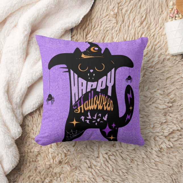 Coussin Chat noir rétro drôle Halloween (Couverture)