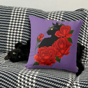 Coussin Chat noir Roses rouges pourpres