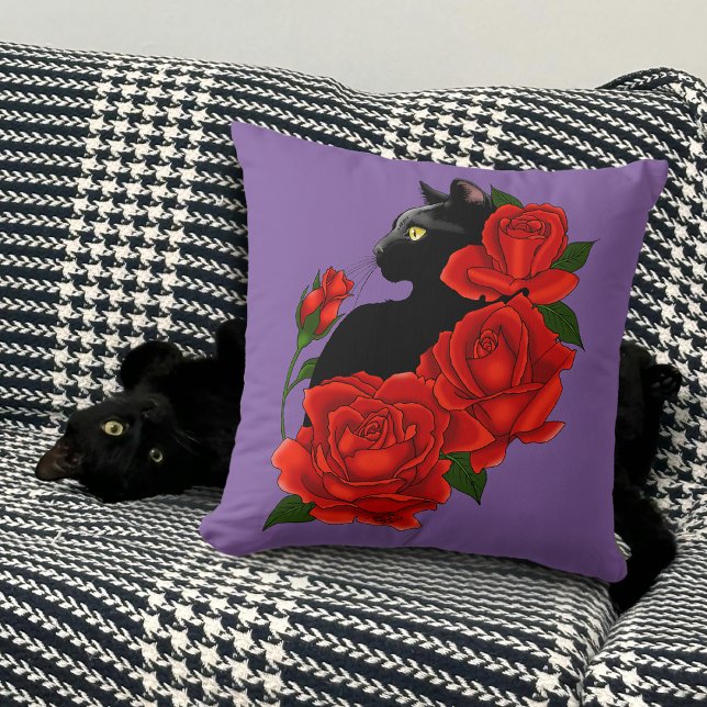 Coussin Chat noir Roses rouges pourpres (Créateur téléchargé)