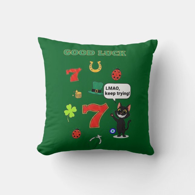 Coussin Chat noir sarcastique et charmes porte-bonheur (Recto)