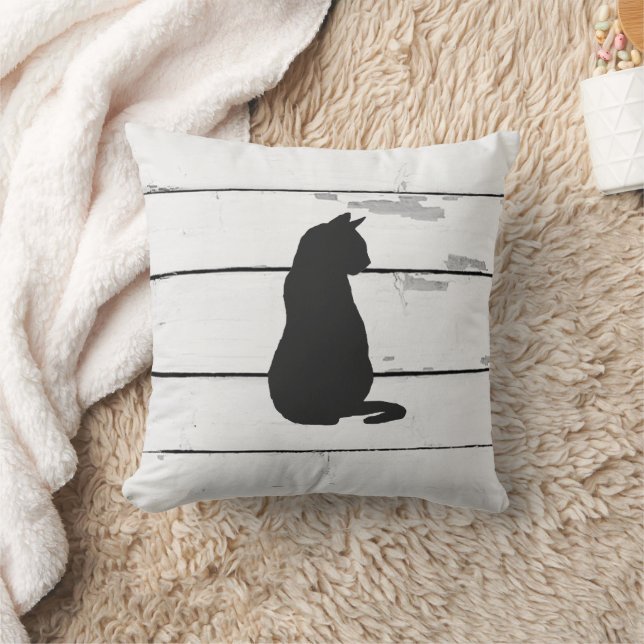 Coussin Chat noir Silhouette Shiplap Rustique (Couverture)