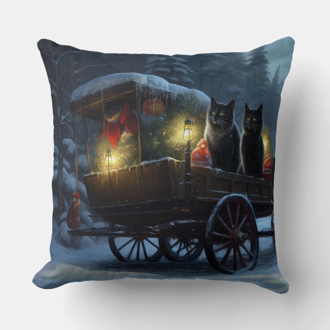 Coussin Chat noir Snowy Sleigh Ride Décor de Noël (Recto)