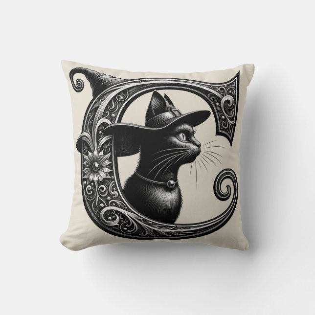 Coussin Chat Noir Sorcière Lettre C Initiale Personnalisée (Recto)