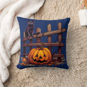 Coussin Chat noir sur clôture Jack-O' Lantern Halloween