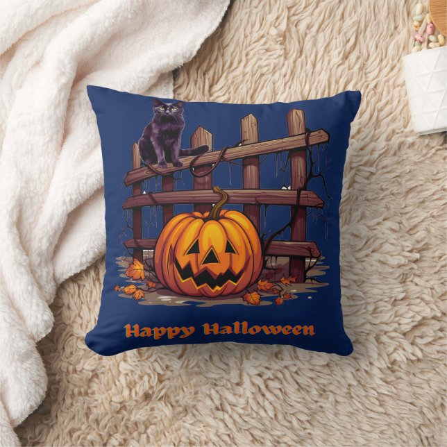 Coussin Chat noir sur clôture Jack-O' Lantern Joyeux Hallo (Couverture)