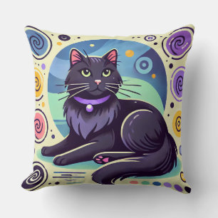Coussin Chat noir sur fond vivement coloré