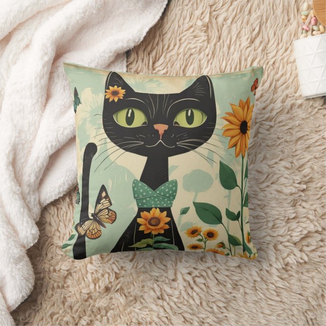 Coussin Chat noir, tournesol, papillons, art natif (Couverture)