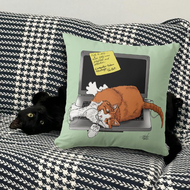 Coussin Chat Orange Drôle Ordinateur Portable Vert Travail (Créateur téléchargé)