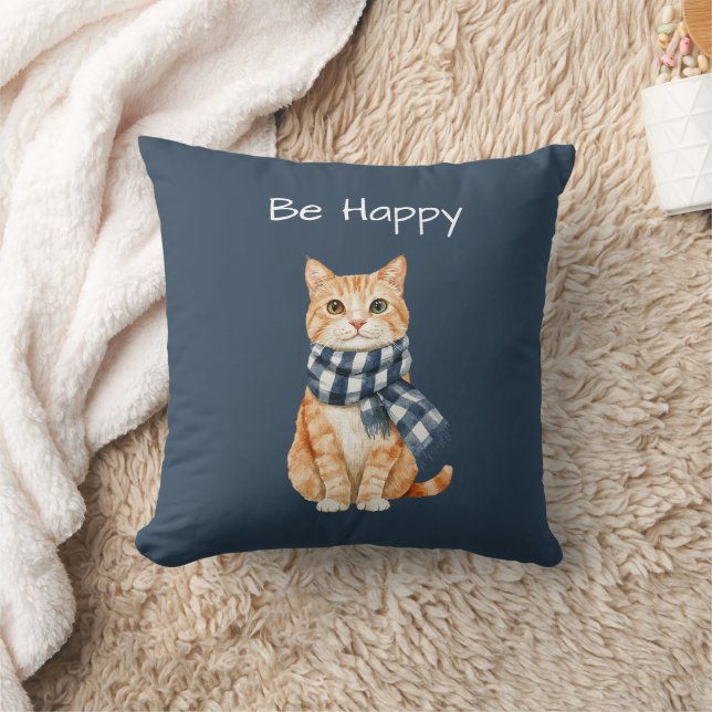 Coussin Chat orange écharpe blanche bleue Soyez heureux (Couverture)