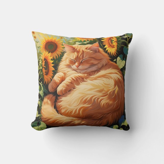 Coussin Chat orange gras doré avec tournesol (Recto)