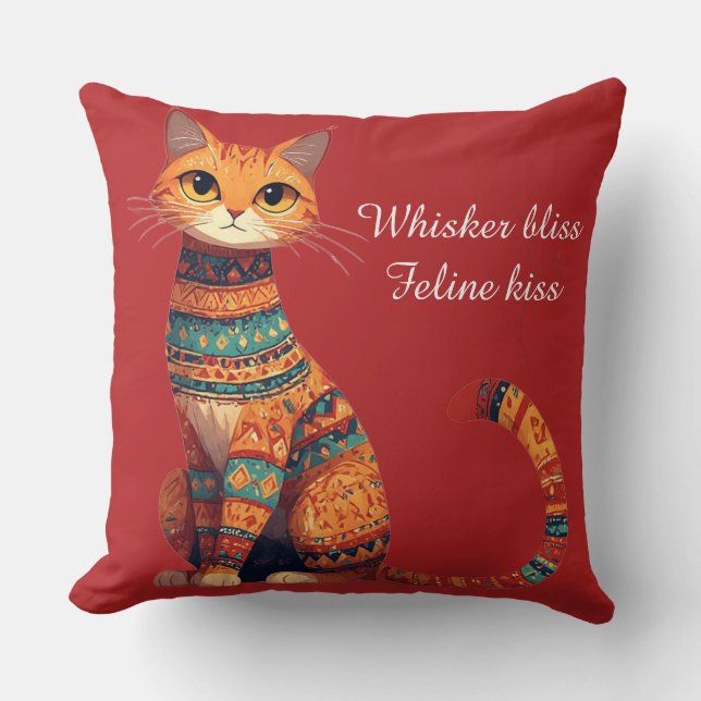Coussin Chat Ornemental Décoratif avec Fleurs Art Boho (Recto)