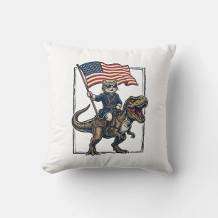 Coussin Chat Patriotique à Cheval sur un Dinosaure Design