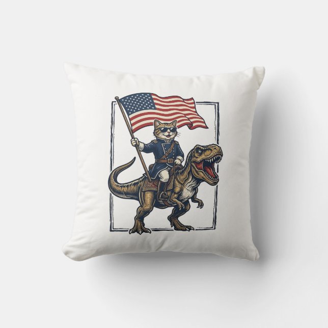 Coussin Chat Patriotique à Cheval sur un Dinosaure Design  (Recto)