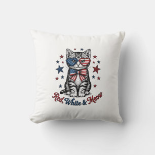 Coussin Chat Patriotique Rouge Blanc et Meow Design Vintag