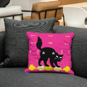 Coussin Chat Pet Noir Sur Rose Blanc Jaune Cuisine Moderne