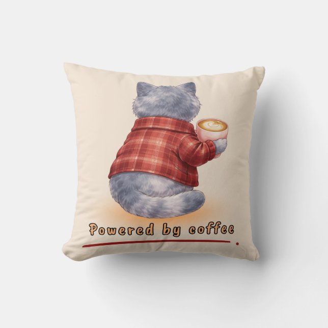 Coussin Chat "Propulsé par le Café" tenant une tasse de ca (Recto)
