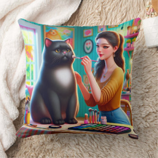 Coussin Chat qui fait la beauté avec une fille