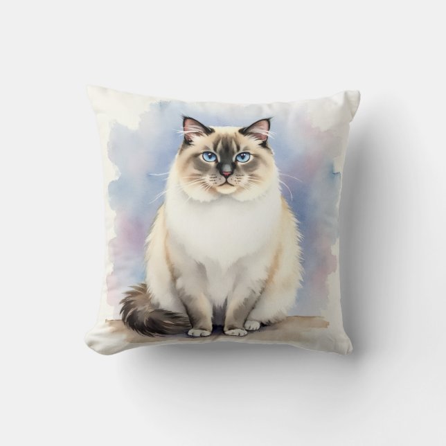 Coussin Chat Ragdoll Aquarelle Rêve Nuage Art (Recto)