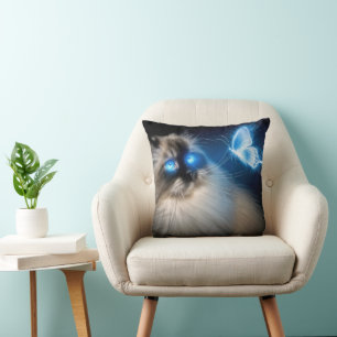 Coussin Chat Ragdoll Avec Papillon Néon Bleu