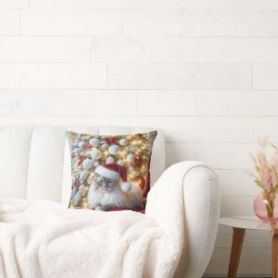 Coussin Chat Ragdoll De Noël Sur Chaise Vintage Rouge