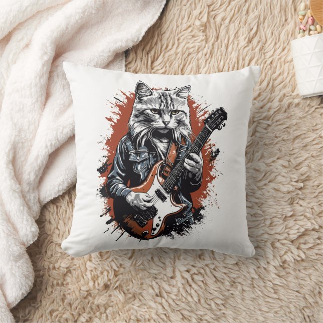 Coussin Chat Rockstar qui déchire à la guitare (Couverture)