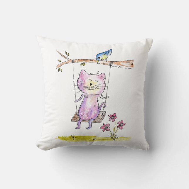 Coussin Chat rose blanc mignon à la couture (Recto)