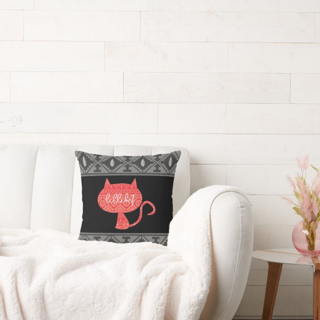 Coussin Chat Rouge | Motif Amérindien Gris et Noir (Canapé)