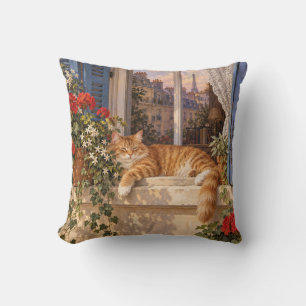 Coussin Chat roux de Paris Fenêtre Volet Bleu