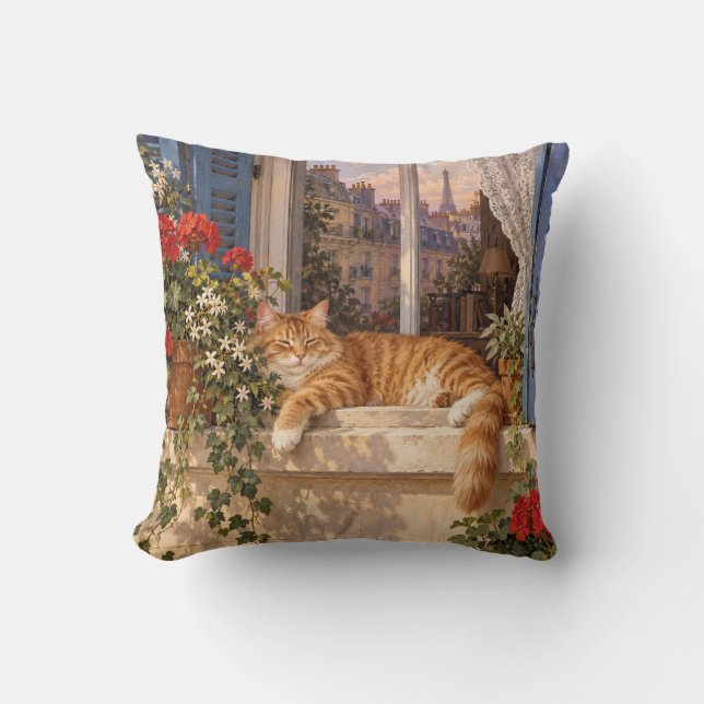 Coussin Chat roux de Paris Fenêtre Volet Bleu (Recto)
