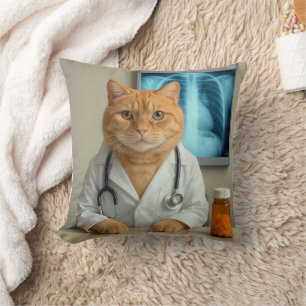 Coussin Chat roux portant une blouse de laboratoire de méd