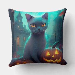 Coussin Chat Russe Bleu d'Halloween avec des citrouilles e