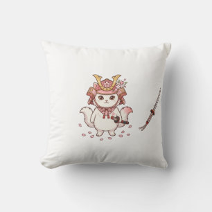 Coussin Chat Samouraï Mignon en Casque Rose Sakura