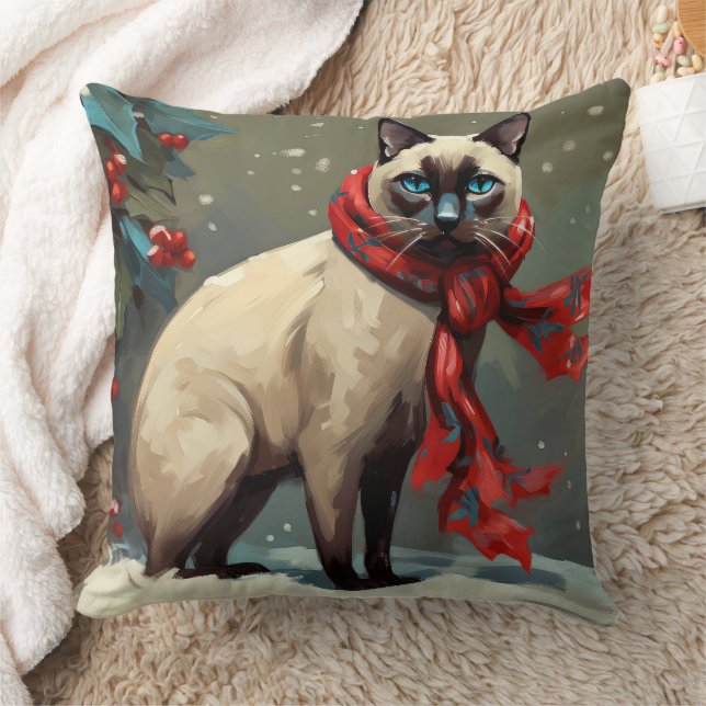 Coussin Chat siamois à Noël sous la neige (Couverture)