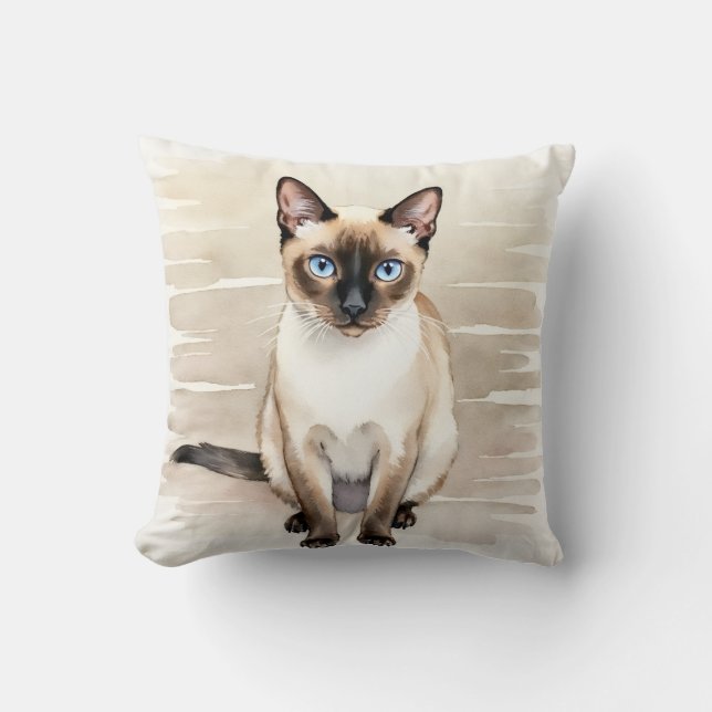 Coussin Chat siamois aquarelle art linéaire à vagues (Recto)