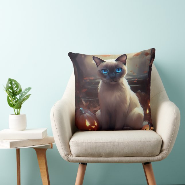 Coussin Chat siamois Halloween avec citrouilles effrayant  (Chaise)