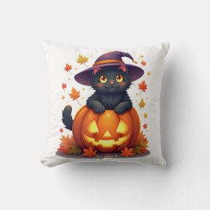 Coussin Chat sorcier dans un chapeau de citrouille