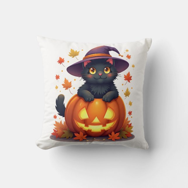 Coussin Chat sorcier dans un chapeau de citrouille (Recto)