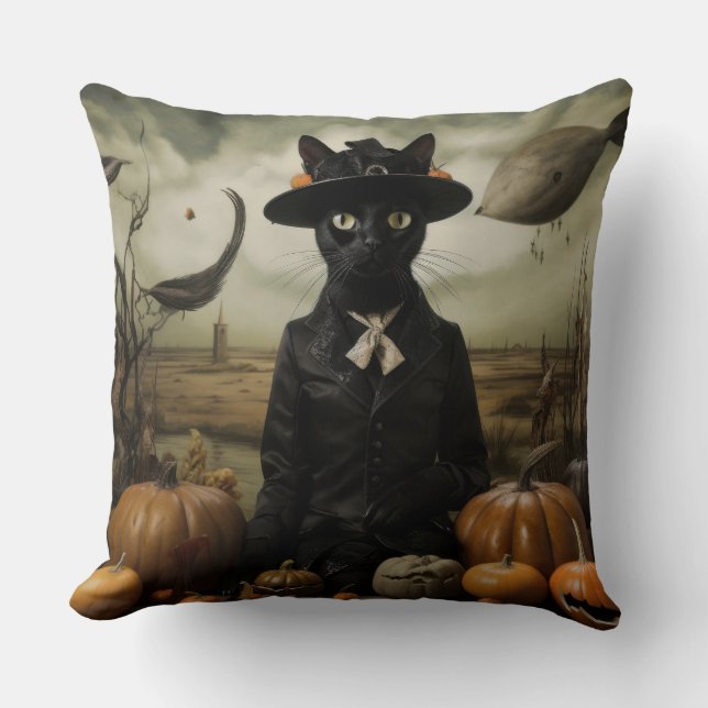 Coussin Chat Sorcière avec Citrouilles  (Recto)
