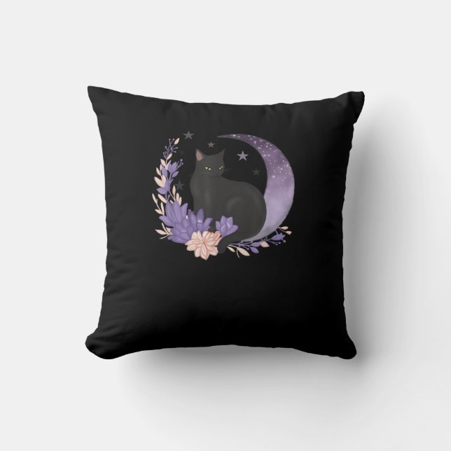 Coussin Chat Sorcière Fleurs de Lune Pastel Gothique Gobli (Recto)