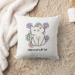 Coussin Chat souriant avec monogramme de fleurs 