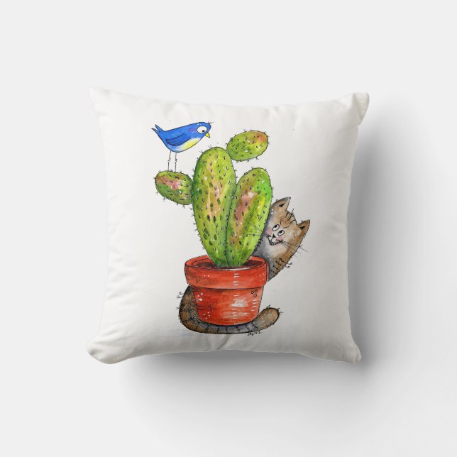 Coussin Chat sournois avec Cactus (Recto)