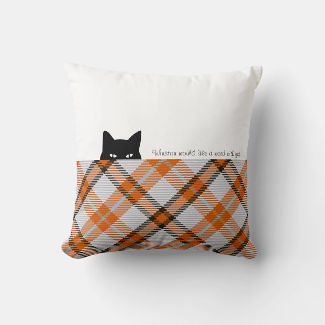 Coussin Chat sournois Madras Check Orange Grey (Recto)