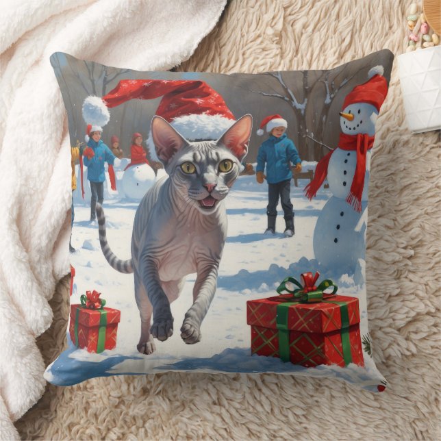 Coussin Chat Sphynx courant dans la neige avec un chapeau  (Couverture)