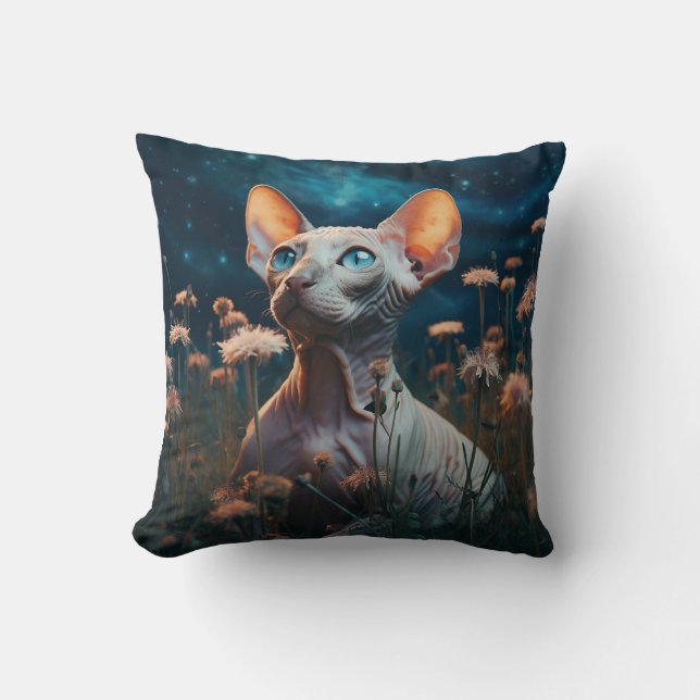 Coussin Chat Sphynx & Fleurs Vibrantes – Art Fantaisiste (Recto)