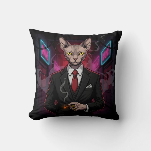 Coussin Chat Sphynx Mafia dans un style néon noir (Recto)