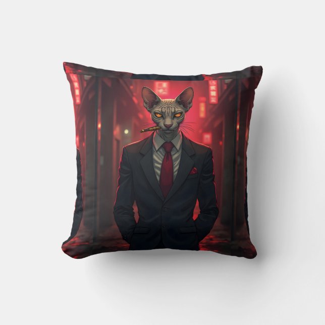 Coussin Chat Sphynx Neon Noir dans le style Mafia (Recto)
